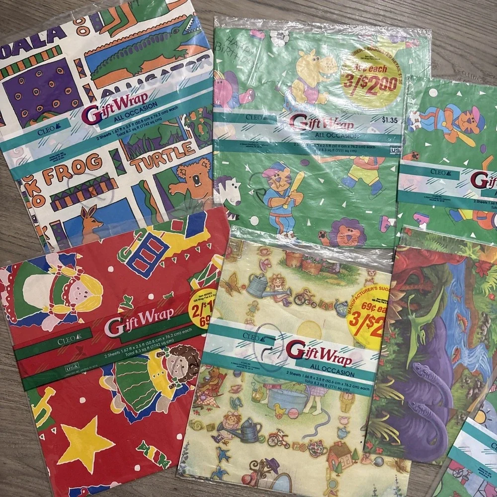 Lot of Vintage Gift wrapping paper Kids, Christmas, Girls, Boys, Toys, Dinosaurs